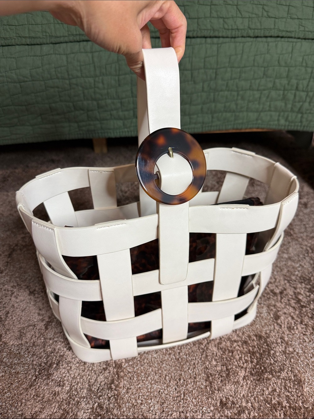 White Woven Tote with Tortoiseshell Ring Accent